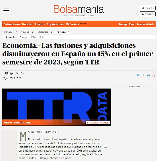 Economa.- Las fusiones y adquisiciones disminuyeron en Espaa un 15% en el primer semestre de 2023, segn TTR